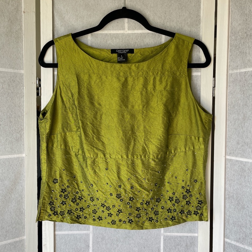 Karen Kane Silk Chartreuse Beaded Top🌿